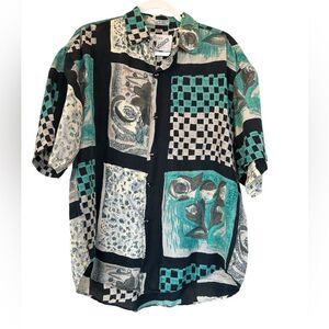 Vintage Goouch Retro Abstract Artsy  Collared Short Sleeve Button Up Shirt M